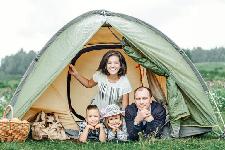 Camping with Family Tent, Parents, Two children, Summer vacation