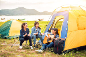 Travel and camping at natural park, recreation with tourist Backpacking Tents in the forest